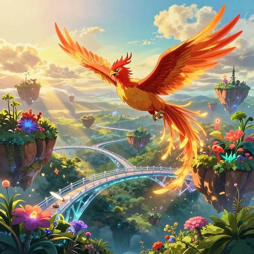 Digital fantasy artwork of a vibrant, fiery phoenix soaring over a magical landscape with floating islands, colorful flowers, a glowing bridge, and a bright, cloudy