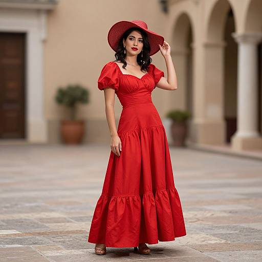 Photograph of a fair-skinned woman with black curly hair in a red dress and wide-brimmed hat, standing on a cobblestone street