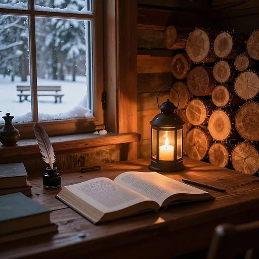 Cozy wooden cabin scene: open book, feather quill, lantern, stacked books by snow-covered window, log wall, warm glow, winter outside