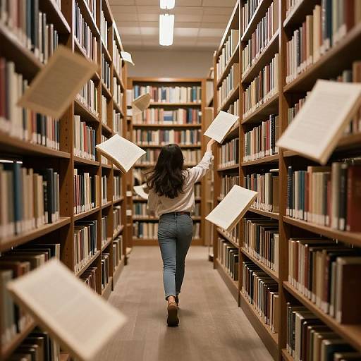 Photograph of a woman with long dark hair, white shirt, blue jeans, and brown shoes, running down a library aisle, papers flying from her