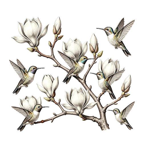 Art Nouveau Magnolia Etching With Hummingbirds