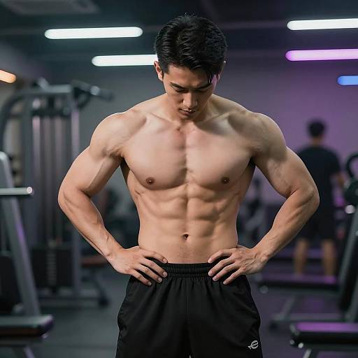 Asian Male Bodybuilder Showing Six-Pack Abs