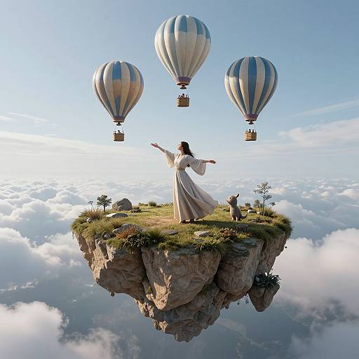 Digital artwork: Woman in white robe stands on floating cliff, arms outstretched, with child beside her, three striped hot air balloons above, clouds