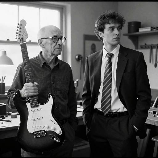 Workshop Scene with Guitar and Two Men