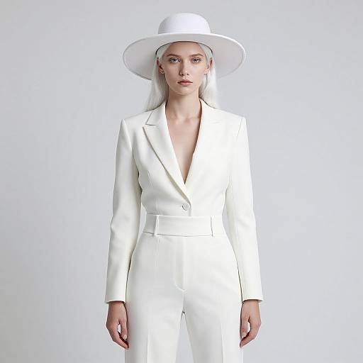 Photograph of a pale-skinned woman with white hair, wearing a white wide-brimmed hat and matching white blazer suit, standing against a