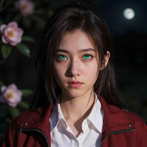 Photograph of an Asian woman with striking green eyes, long dark hair, wearing a red jacket over a white shirt, against a dark night background with