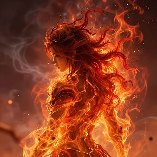 Digital art of a fiery-haired woman engulfed in vibrant orange and red flames, with glowing embers and a dark, smoky background.