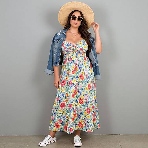 Photograph of a woman in a floral sundress, denim jacket, wide-brimmed straw hat, white sunglasses, and white sneakers, standing against