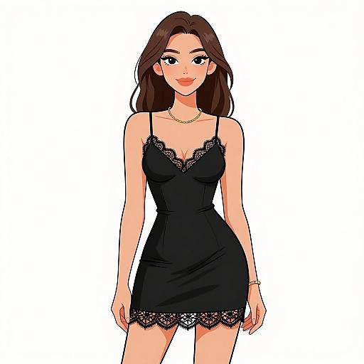 Digital anime-style illustration of a beautiful woman with long brown hair, wearing a black lace-trimmed, spaghetti-strap mini dress and gold necklace.