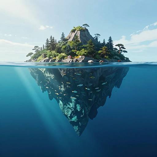 Photorealistic CGI of a small, rocky island with lush green trees, partially submerged in clear blue water, reflecting above and below the surface. Sun