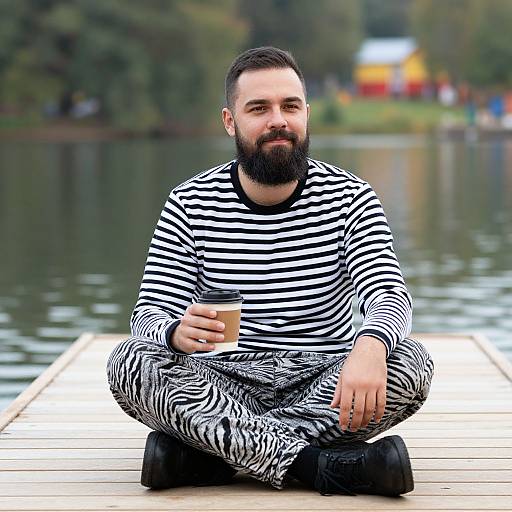 Photograph of a bearded man with dark hair, wearing black and white striped shirt and pants, sitting cross-legged on a wooden dock, holding a