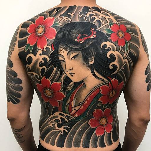 Tattooed back of Asian man with intricate black, red, and green traditional Japanese-style design featuring a serene woman with flowers and waves. Phot