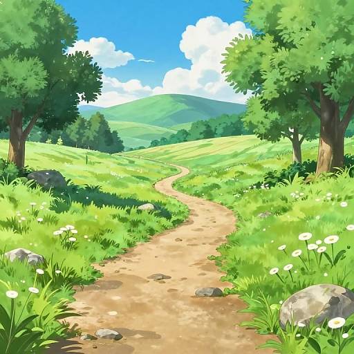 Bright, colorful digital drawing of a winding dirt path through lush green hills, dotted with white flowers and surrounded by tall, leafy trees under a blue