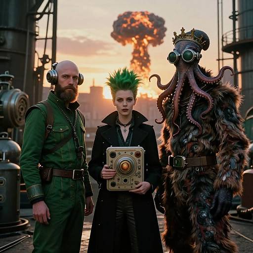 Photorealistic CGI: Three steampunk characters stand in a factory at sunset; bald man in green, spiked-haired woman holding device, octopus