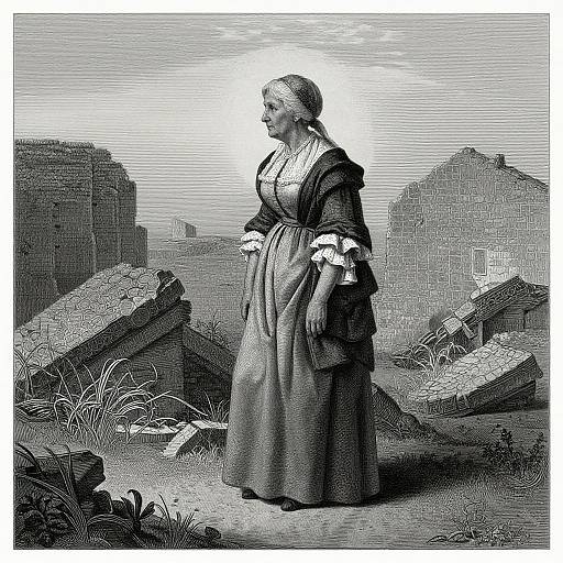 Black-and-white illustration of a Victorian-era woman in a long dress and apron standing amidst ruins of stone buildings. She gazes to the left.