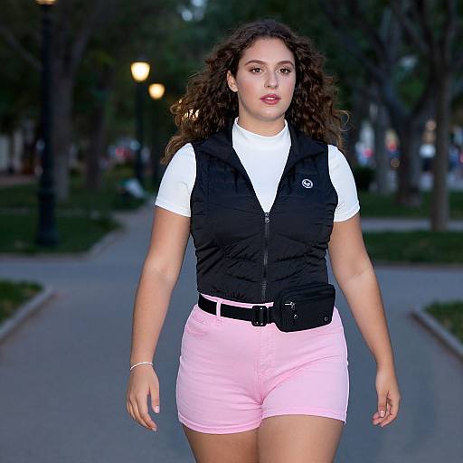 Photograph of a curly-haired woman with medium skin tone, wearing a black vest, white shirt, pink shorts, walking down a tree-lined path at