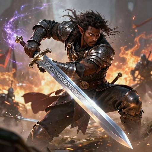 Digital fantasy artwork of a fierce, dark-skinned elf warrior with wild black hair, wielding a glowing, intricate sword amidst fiery chaos.