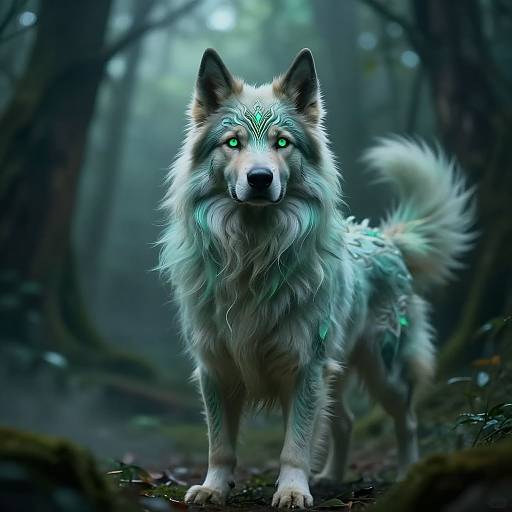 Digital art of a glowing, ethereal white wolf with neon green eyes and intricate blue patterns, standing in a misty forest.