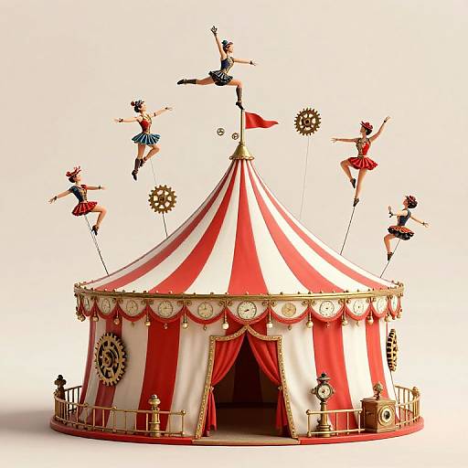 Photorealistic CGI of a red and white striped circus tent with five acrobats in colorful dresses flying around the top.