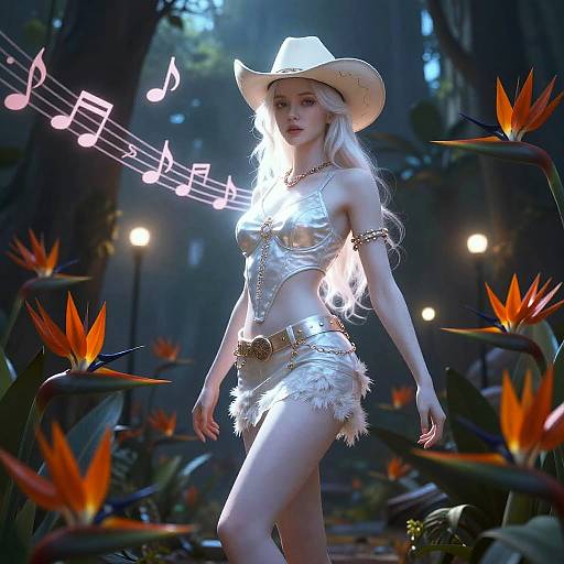 Digital artwork of a pale-skinned, blonde woman in a silver, metallic crop top and fur skirt, white cowboy hat, glowing musical notes, surrounded