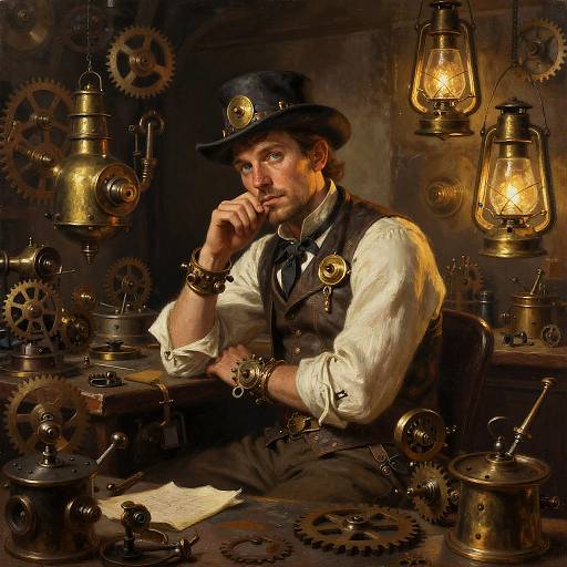Steampunk illustration of a thoughtful man in a white shirt, black vest, and hat, surrounded by glowing lamps and gears.