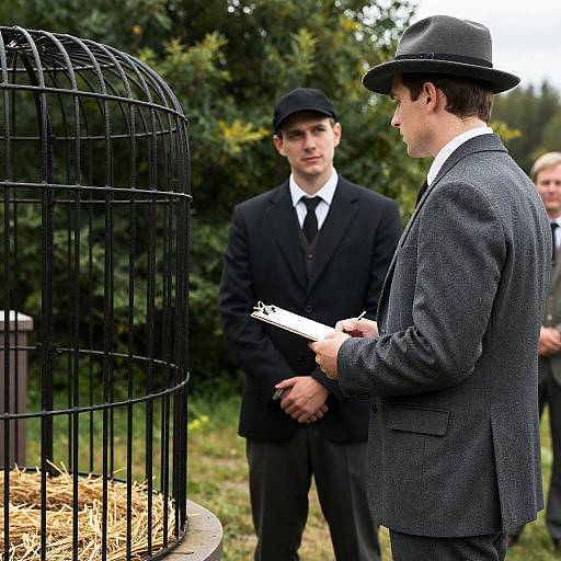 Men in Period Clothing by Metal Cage