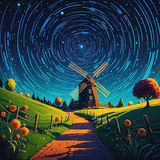 Nighttime Orchard and Windmill in Nerikomi