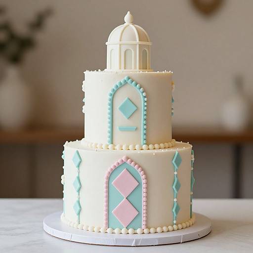 Photograph of a three-tiered, pastel-colored cake with diamond-shaped decorations, turquoise and pink accents, white pearls, and a domed to