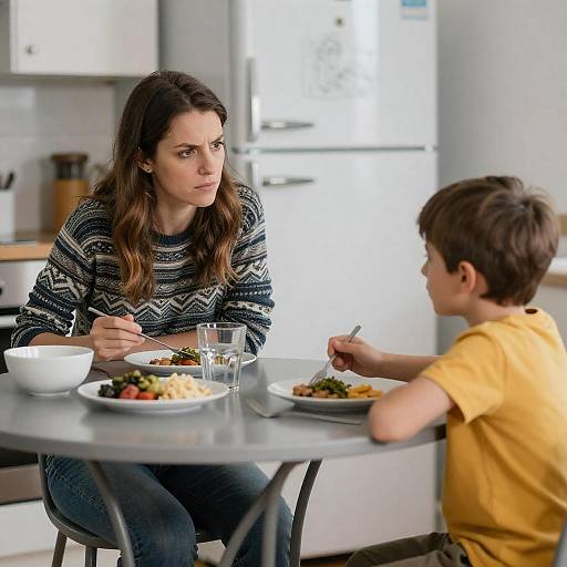 Intimate Kitchen Moment: Woman and Boy