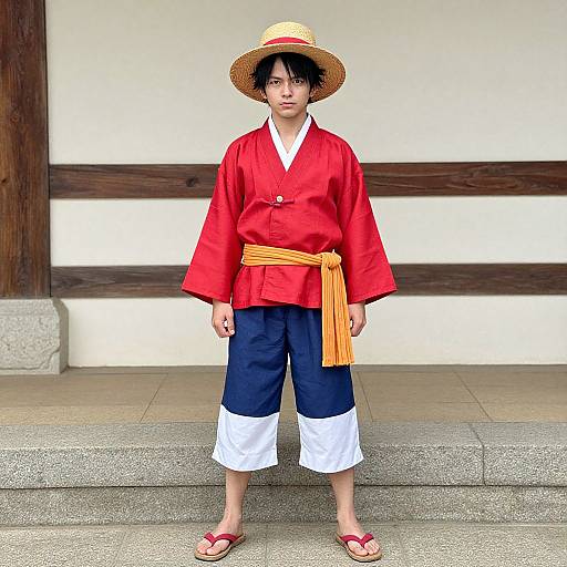 Photograph of a young Asian boy in traditional Japanese attire: red kimono, black and white hakama, yellow obi, straw hat, and