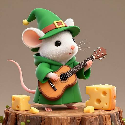 CGI image of an adorable white mouse in a green wizard hat and robe, playing a small guitar, standing on a wooden stump with cheese cubes around