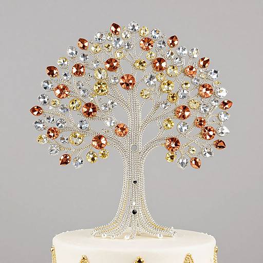 Digital artwork of a sparkling tree adorned with multicolored gemstones (red, yellow, white) on a white base, set against a light gray
