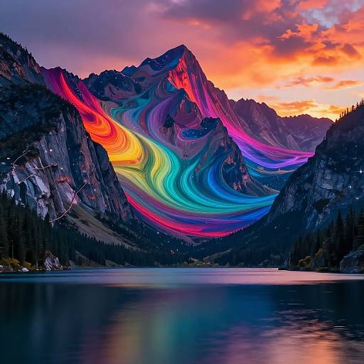 Photograph of a mountain range with vibrant, swirling rainbow light effects against a sunset sky, reflecting on a calm lake below.