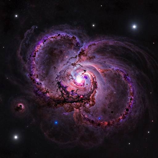 Photograph of a vibrant spiral galaxy with a bright central core, surrounded by purple and pink nebulous clouds, set against a dark starry background.