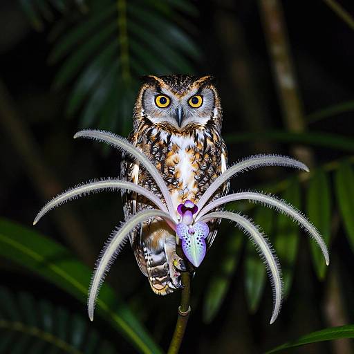 Photograph of a vibrant owl with striking yellow eyes perched on a glowing, spider-like flower in a dark, lush jungle.