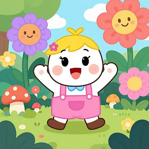 Cartoon girl with blonde hair, pink overalls, and blue bow, smiling joyfully in a colorful, whimsical garden with flowers and mushrooms.