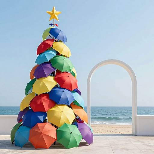 Colorful Christmas tree made of stacked open umbrellas with a yellow star on top, near an ocean view archway. Bright, sunny day. Phot