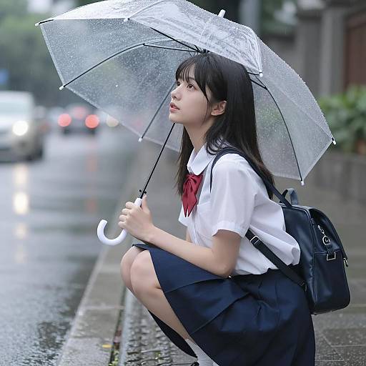 Asian Student in Rainy School Scene