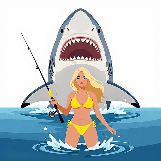 Blonde Woman Fishing with Shark Encounter