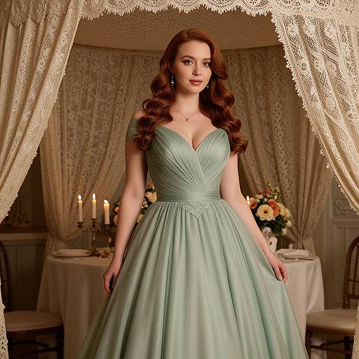 Photograph of a fair-skinned woman with long, wavy auburn hair in a light green, off-shoulder, V-neck ball