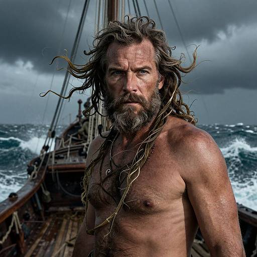 Photograph of a muscular, bearded man with long, windswept hair, shirtless, standing on a stormy ship deck, waves crashing