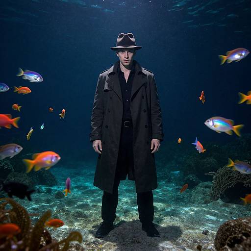Photograph: A serious man in a black trench coat and fedora stands underwater, surrounded by colorful fish, illuminated by blue lights.