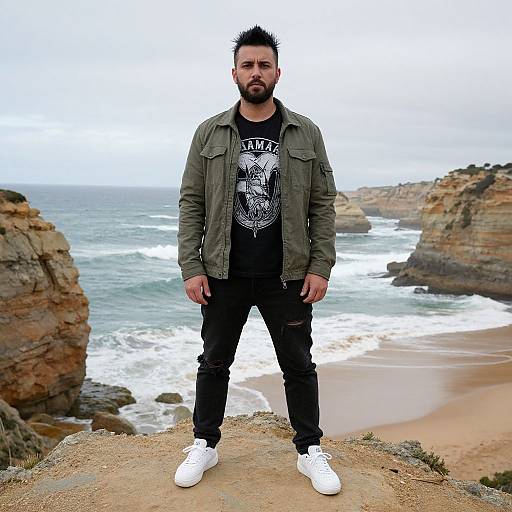 Photograph of a bearded man with short black hair, olive green jacket, black t-shirt, black pants, and white sneakers standing on a rocky
