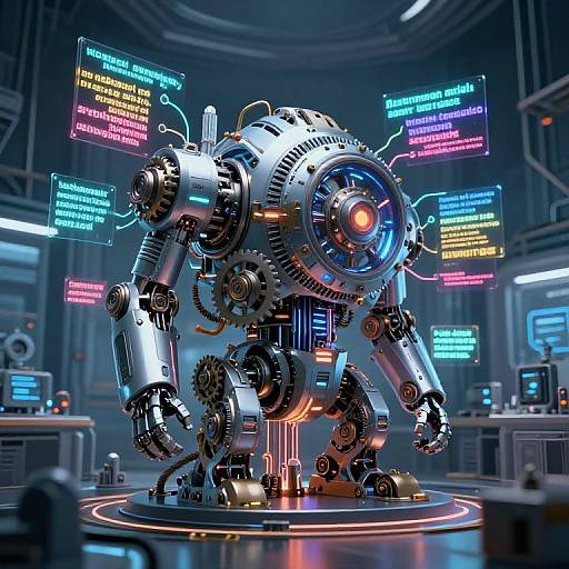 Digital illustration of a metallic, robotic humanoid with glowing neon screens displaying text, standing in a high-tech laboratory.