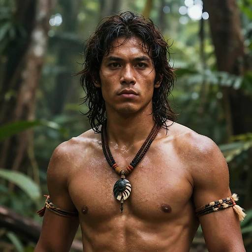 Photograph of a muscular, shirtless Indigenous man with wet, black hair, wearing a beaded necklace and armbands, standing in a lush