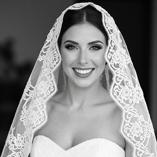Black-and-white photograph of a smiling bride with dark hair, wearing a lace veil and strapless wedding dress, centered against a dark background.
