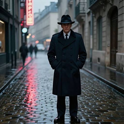 Photograph of a serious Asian man in a black trench coat and fedora, standing on a wet, cobblestone street at night, with neon