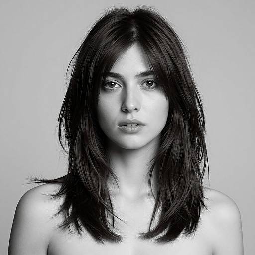 Black-and-white photograph of a young woman with straight, shoulder-length dark hair, intense gaze, and bare shoulders against a plain background.