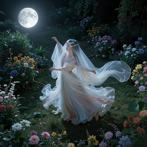 Digital art: Ethereal woman in flowing white dress and veil dances under full moon in vibrant, moonlit floral garden.