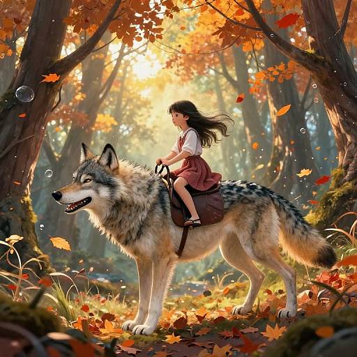 Digital illustration of a young girl with long black hair riding a large, fluffy wolf through an autumn forest, surrounded by glowing sunlight and falling leaves.